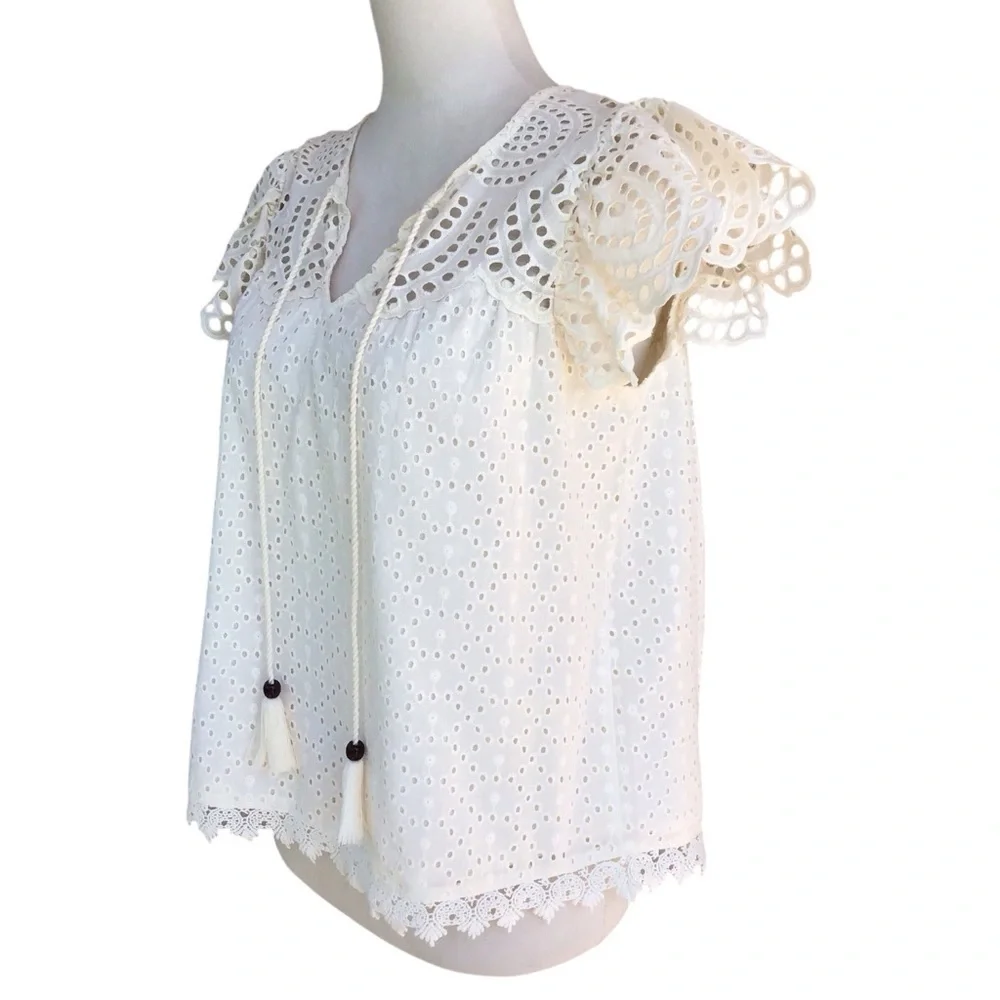 Jennifer & Grace Eyelet Crochet Trim Ruffle Sleeve Blouse in Cream - Picture 4 of 10